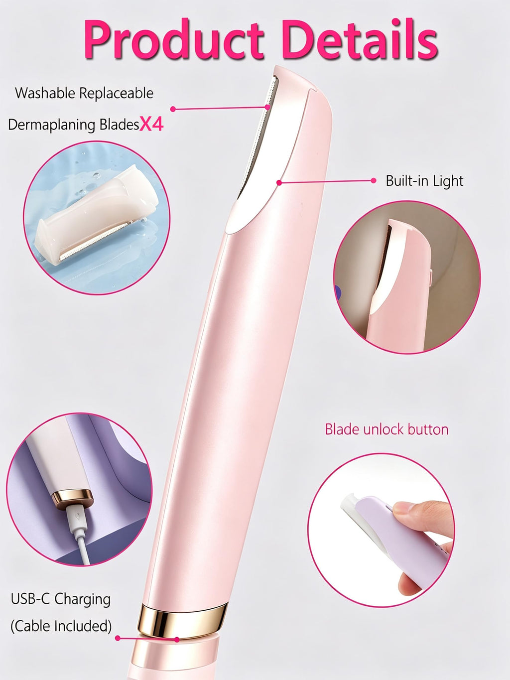 Pink Dermaplane Razor with LED Light and 4 Replacement Blades U157626