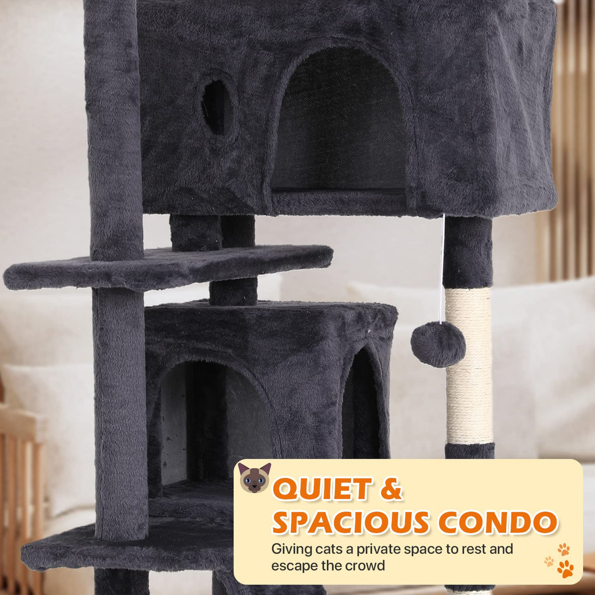 70 Inch Light Gray Cat Tree with 2 Condos, 3 Scratching Posts D91928