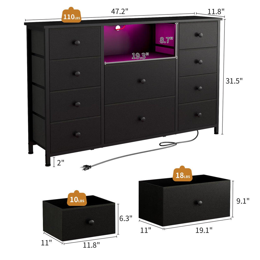 Black Dresser with Charging Station and LED Lights L100665