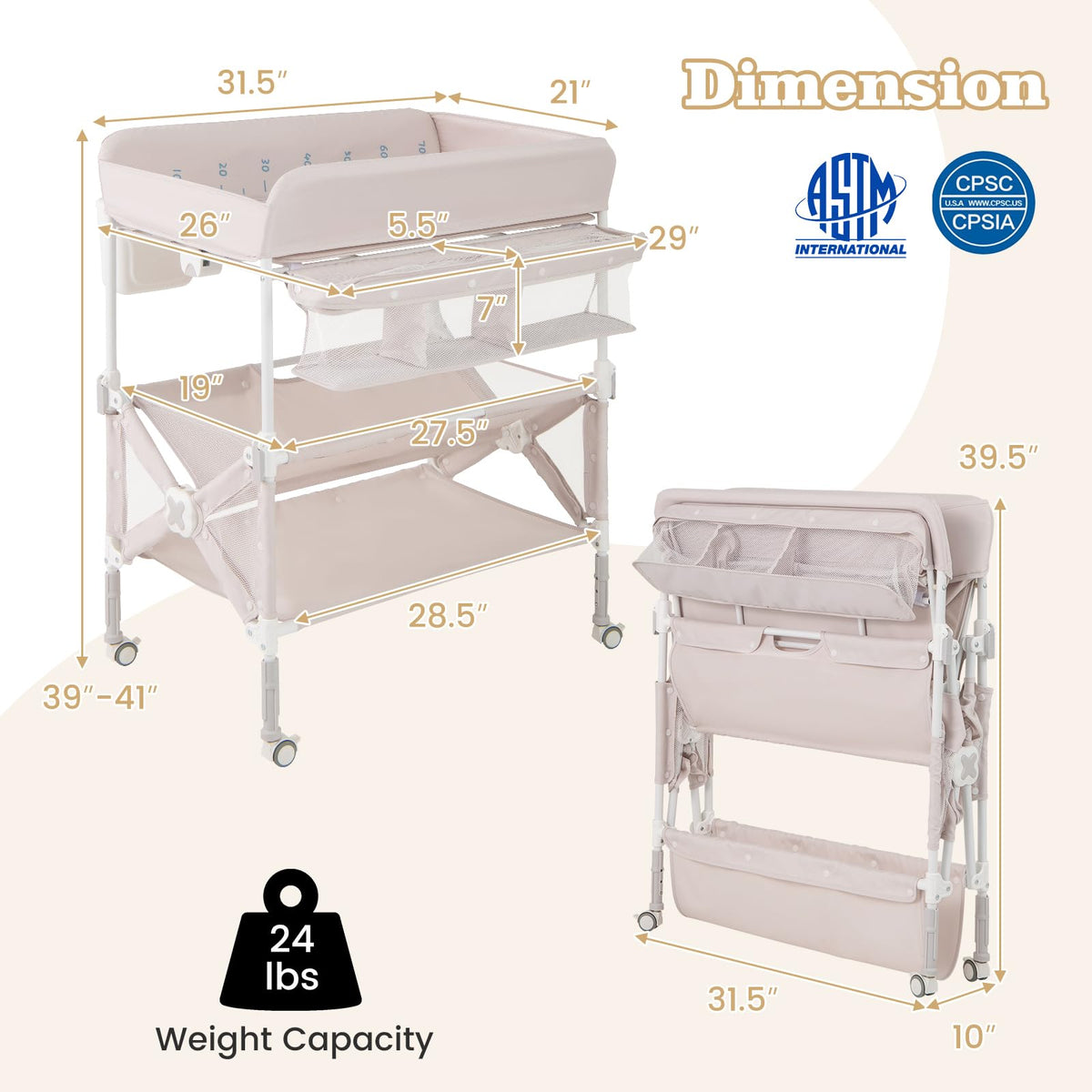 Portable Foldable Baby Changing Table with Wheels I986334