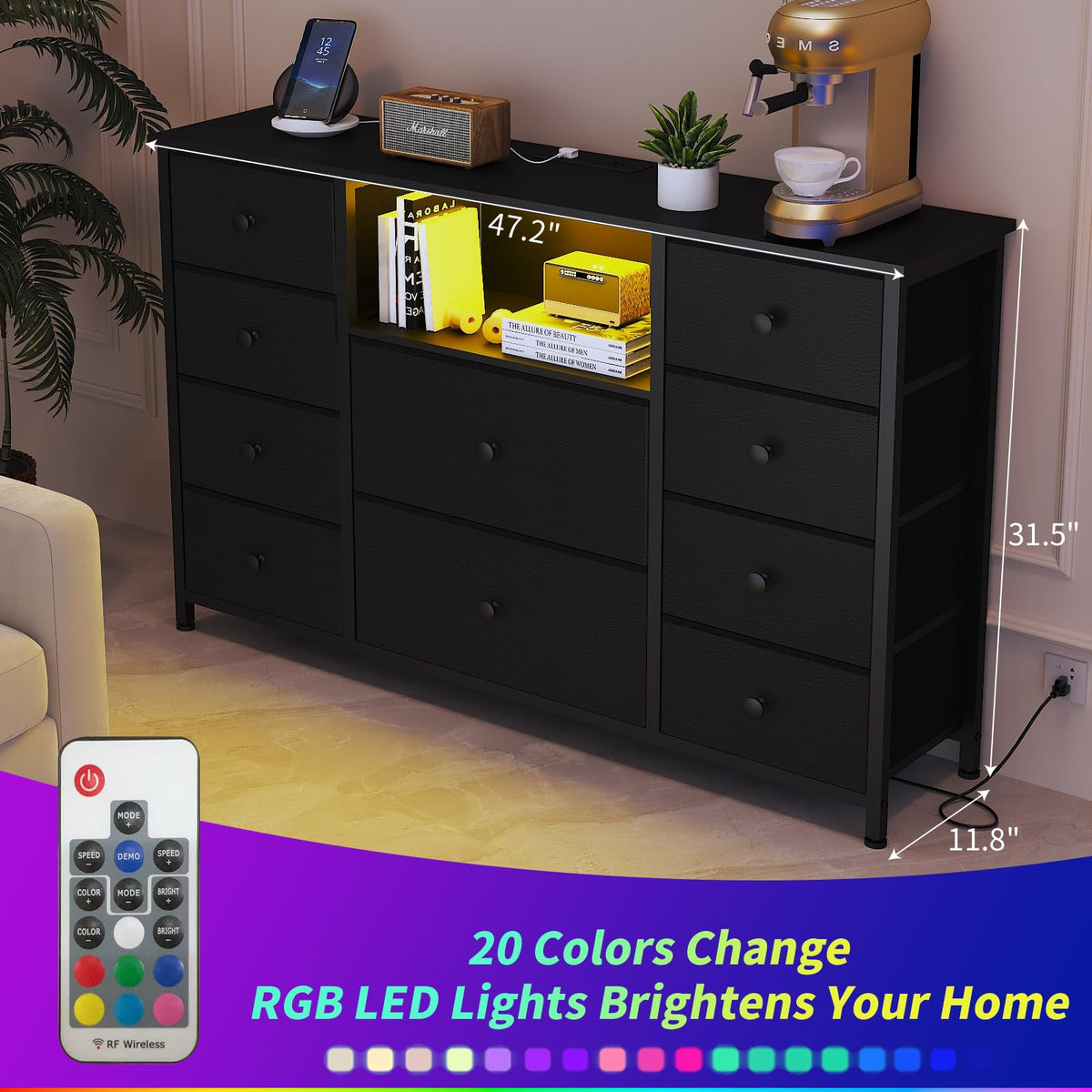 Black Dresser with Charging Station and LED Lights L100665