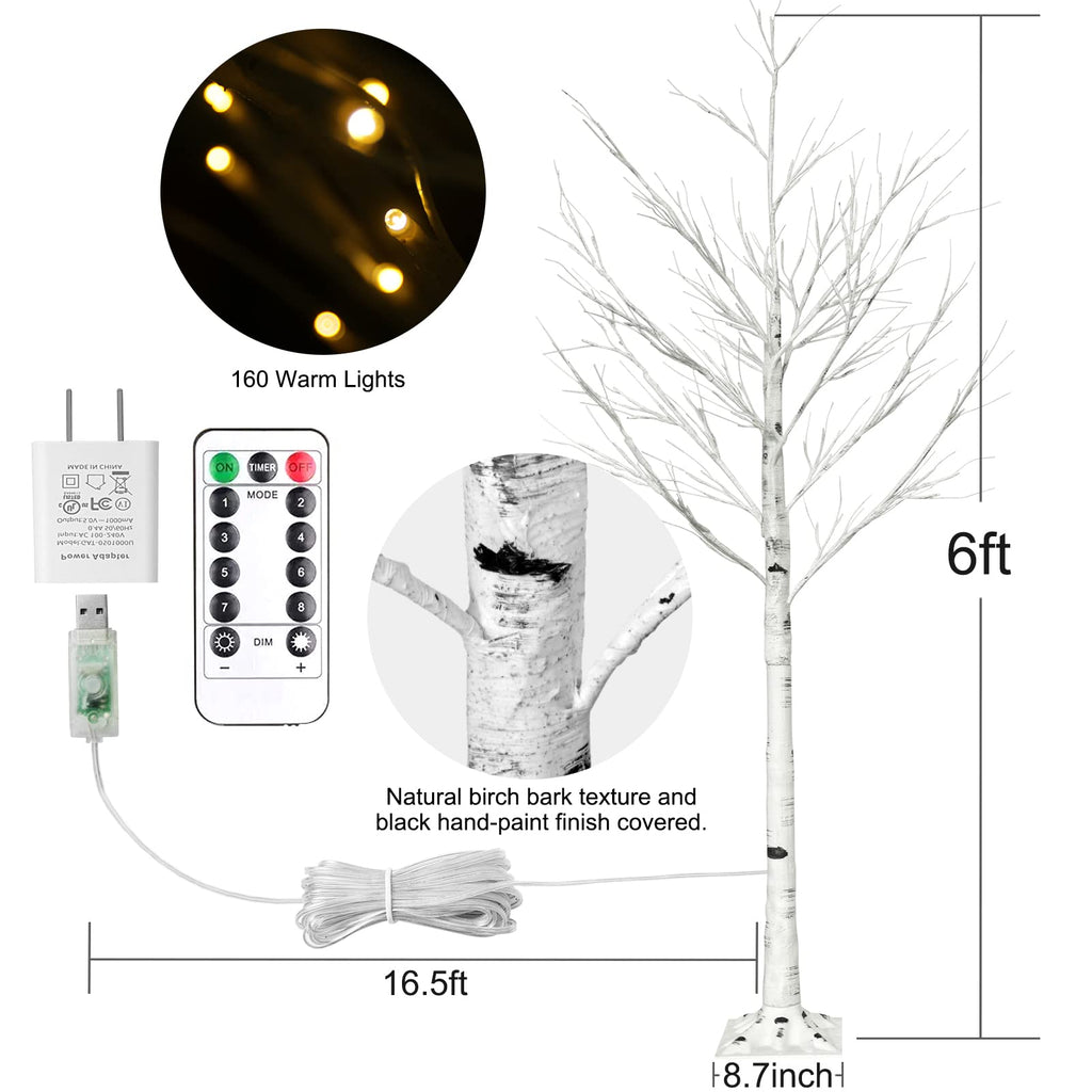 6FT Lighted Birch Tree with 160 LEDs Warm White Lights U8932