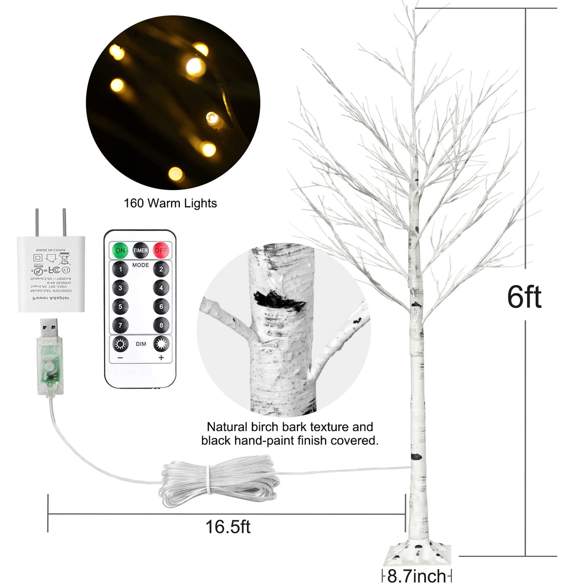 6FT Lighted Birch Tree with 160 LEDs Warm White Lights U8932