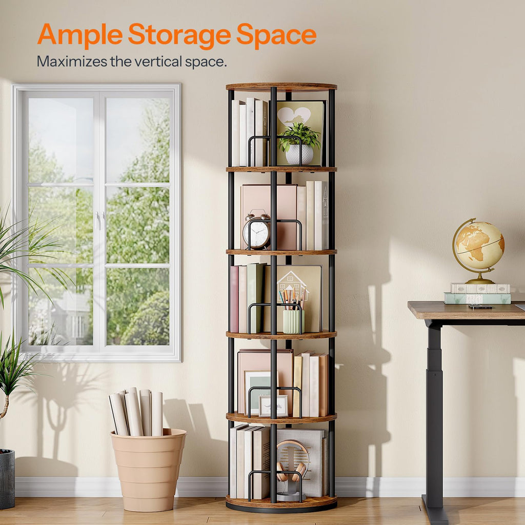 5-Tier Rotating Bookshelf, 360° Spinning Bookcase, Rustic Brown H605977
