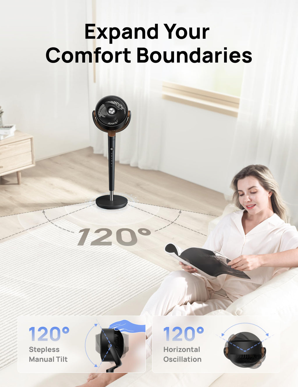 120° Oscillating Standing Fan, Quiet Floor Fan with DC Motor, 9 Speeds, 4 modes, 37-42" Adjustable Height, 9H Timer, Dark Gray Q597347