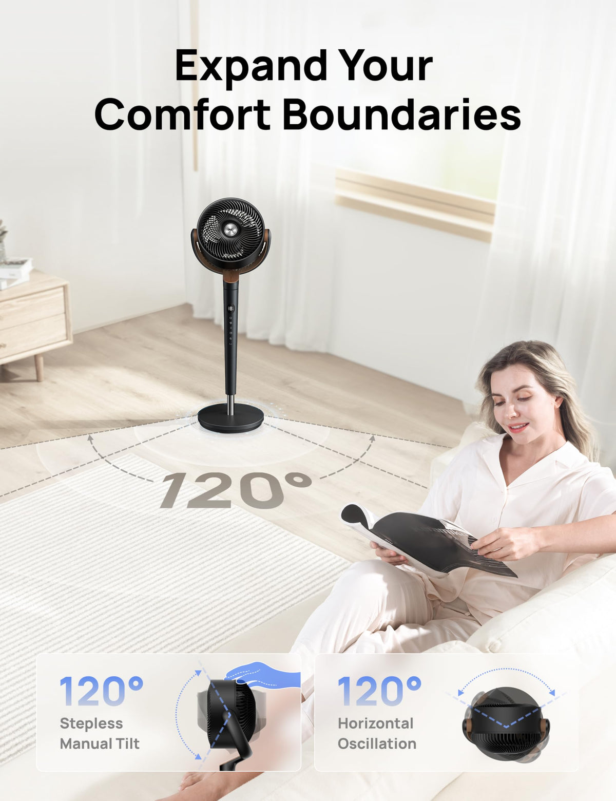 120° Oscillating Standing Fan, Quiet Floor Fan with DC Motor, 9 Speeds, 4 modes, 37-42" Adjustable Height, 9H Timer, Dark Gray Q597347