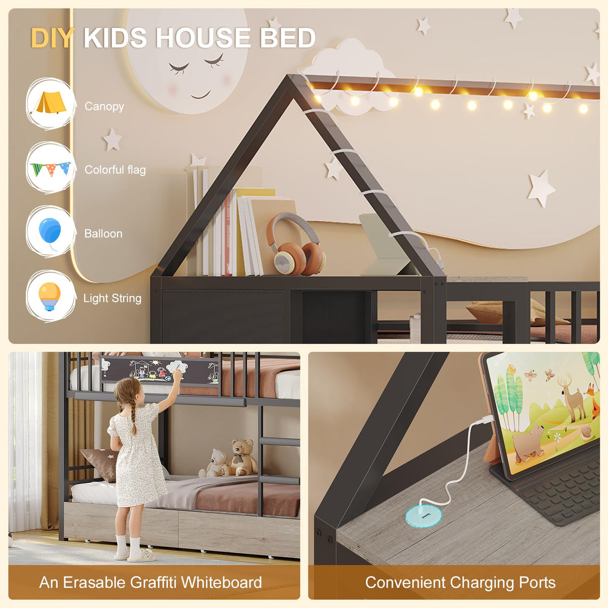 Twin Bunk Bed with Storage Bookshelf, 6 Drawers & USB N1048