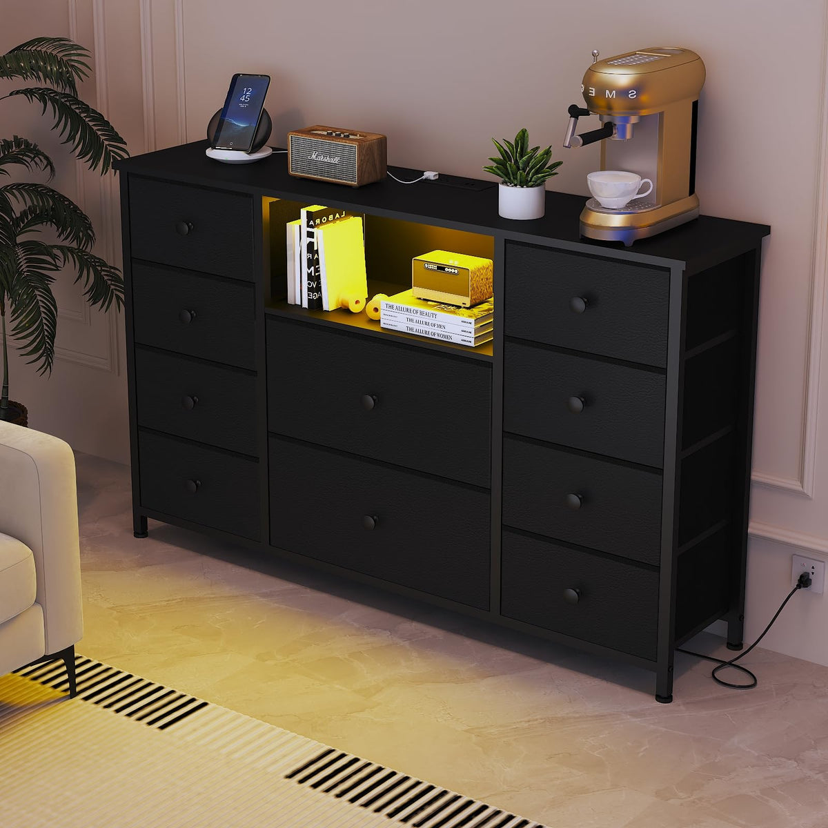 Black Dresser with Charging Station and LED Lights L100665