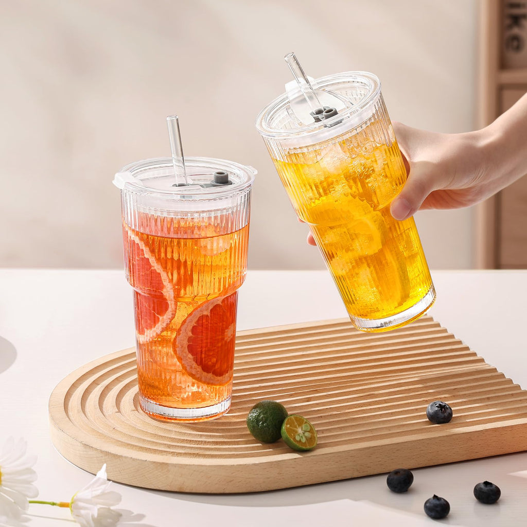 20oz Ribbed Glass Cups with Lids and Straws R5672