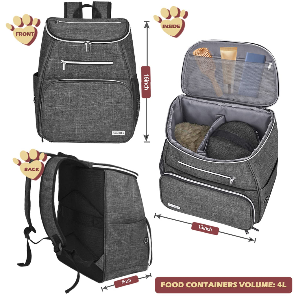 Dog Travel Bag Backpack with 2 Silicone Collapsible Bowls and 2 Food Baskets Grey A33346