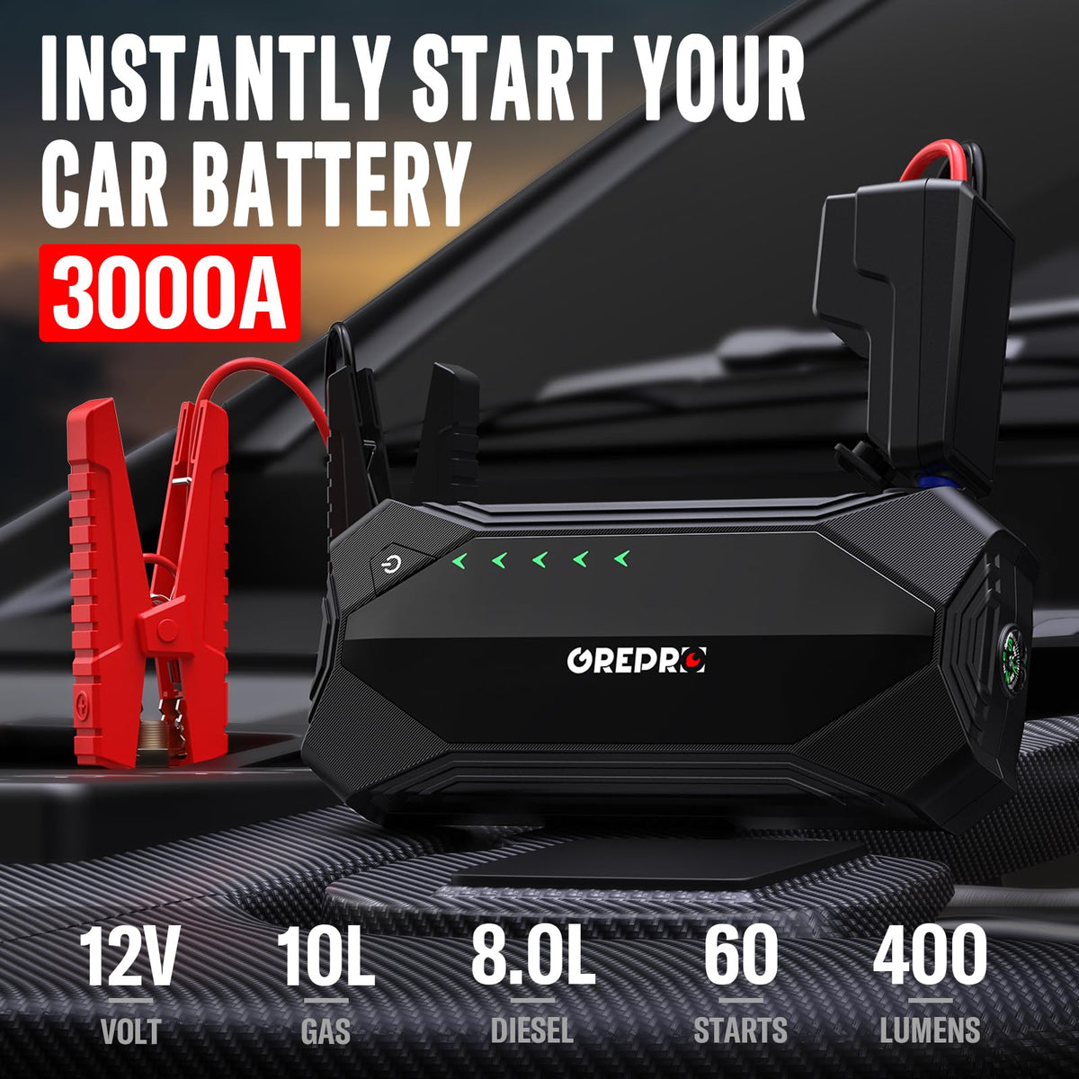 3000A 12V Jump Starter with Jumper Cables and LED Light P1184