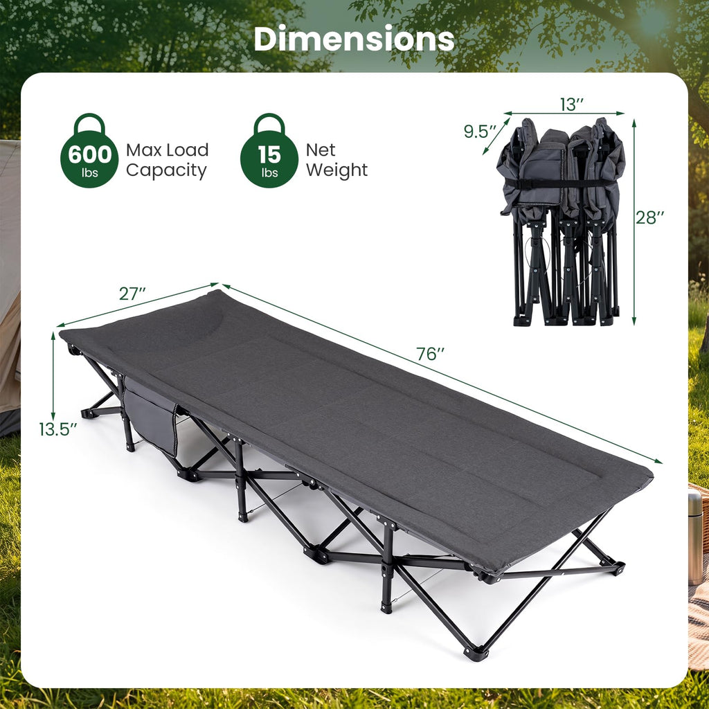 Camping Cot with Padded Pillow, Carry Bag, 600 lbs, Grey L6412