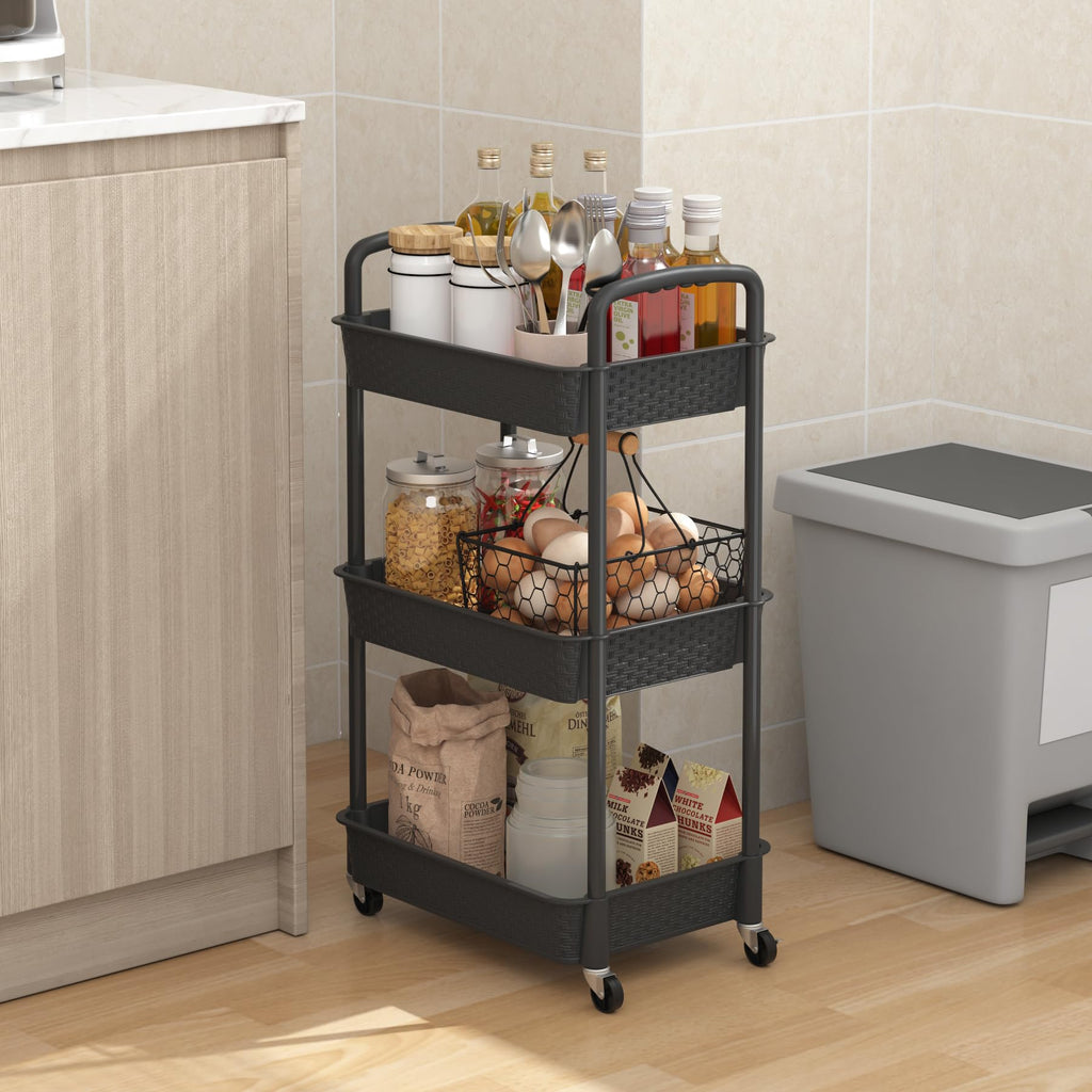 3-Tier Plastic Rolling Utility Cart with Handle K8404