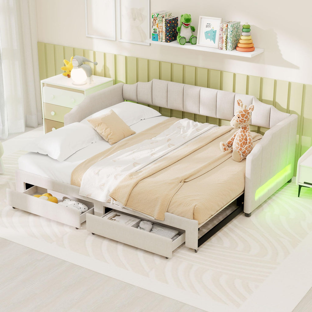 Twin XL to King Size Upholstered Daybed with Trundle and 2 Storage Drawers M223