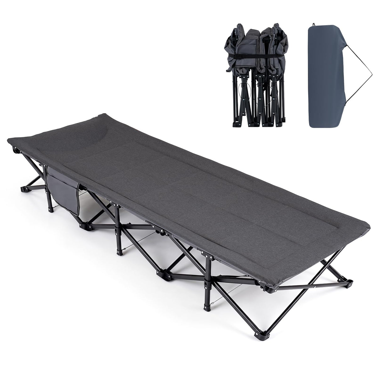 Camping Cot with Padded Pillow, Carry Bag, 600 lbs, Grey L6412