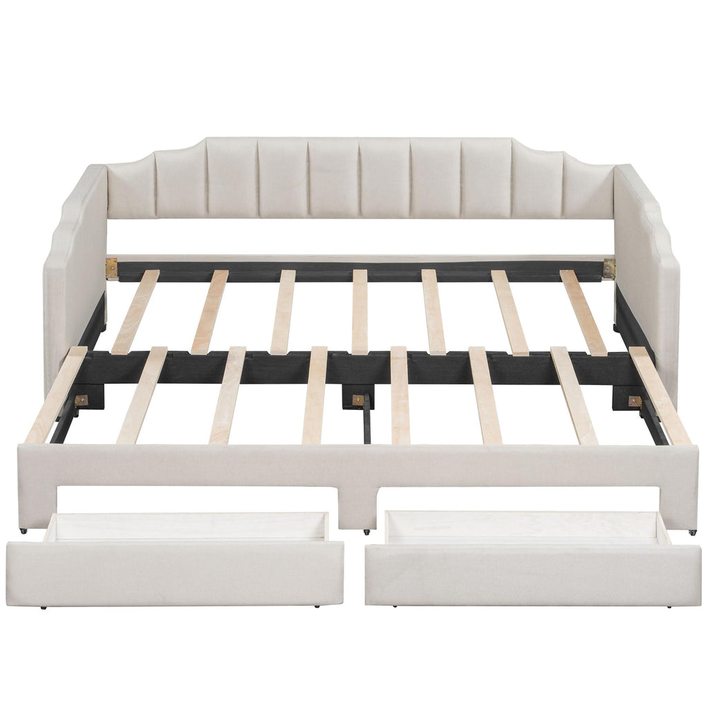 Twin XL to King Size Upholstered Daybed with Trundle and 2 Storage Drawers M223