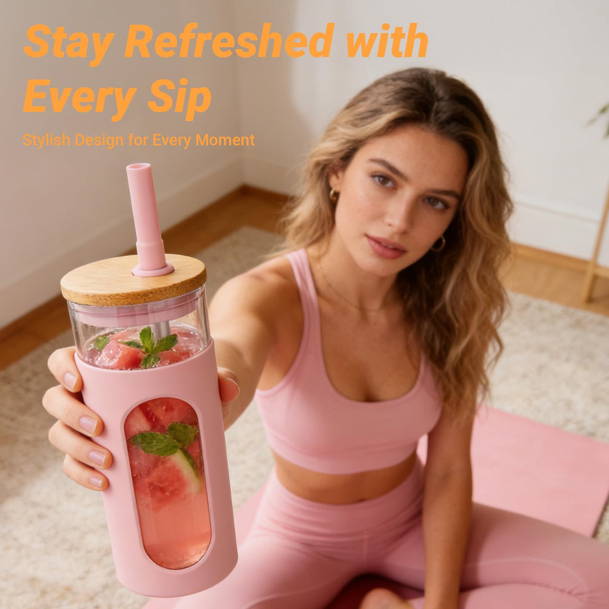 22 oz Glass Tumbler with Lid & Straw W2986