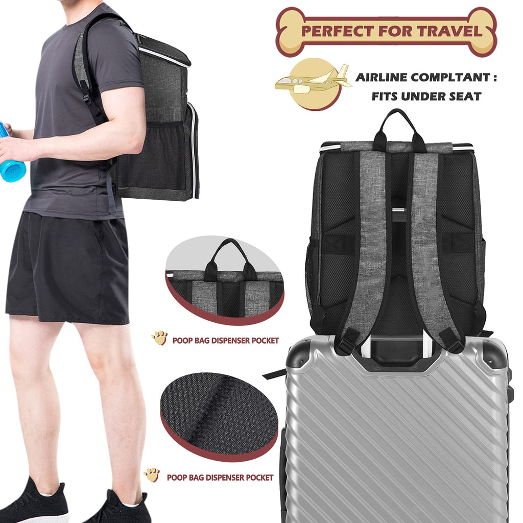 Dog Travel Bag Backpack with 2 Silicone Collapsible Bowls and 2 Food Baskets Grey A33346