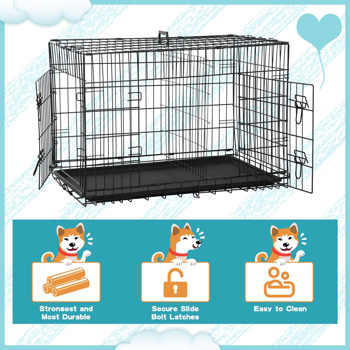 36 Inch Double-Door Metal Dog Crate with Tray and Divider O456423