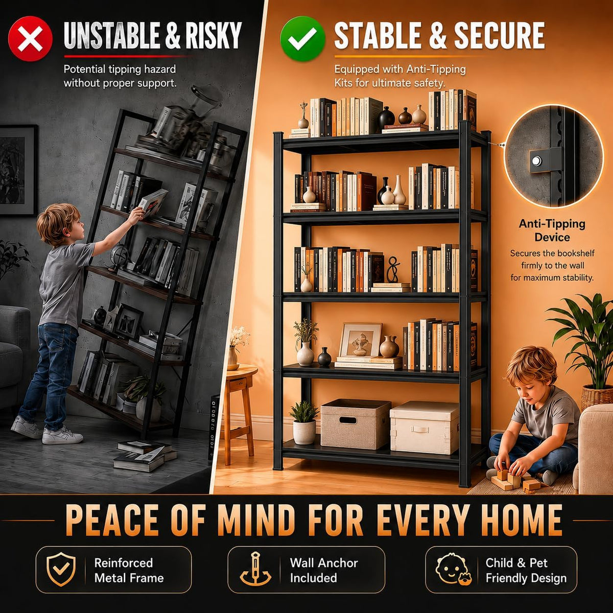 5 Tier Black Metal Bookshelf T32212