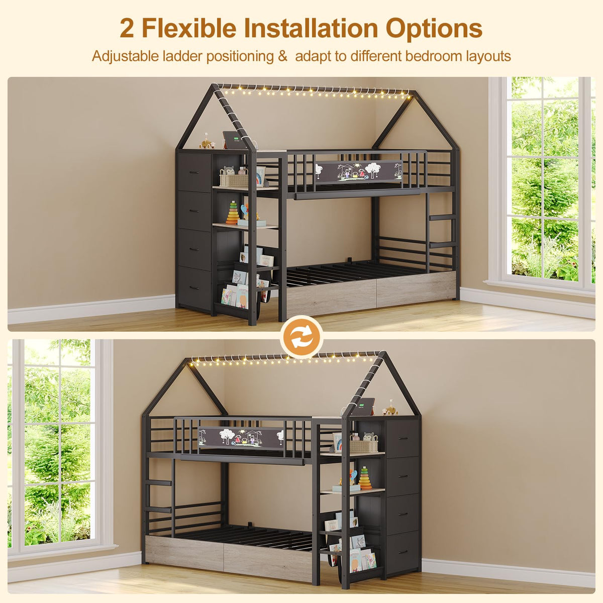 Twin Bunk Bed with Storage Bookshelf, 6 Drawers & USB N1048