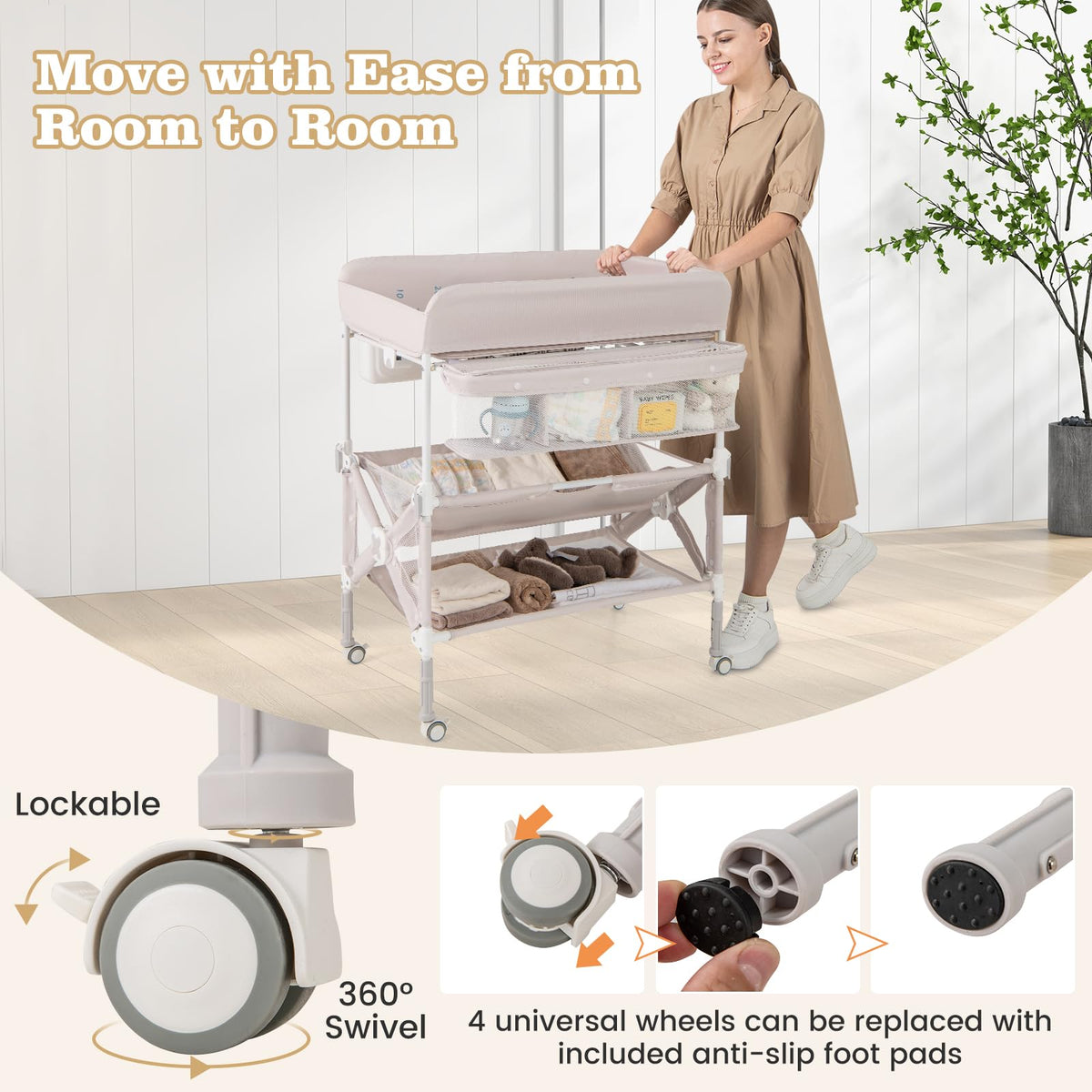 Portable Foldable Baby Changing Table with Wheels I986334