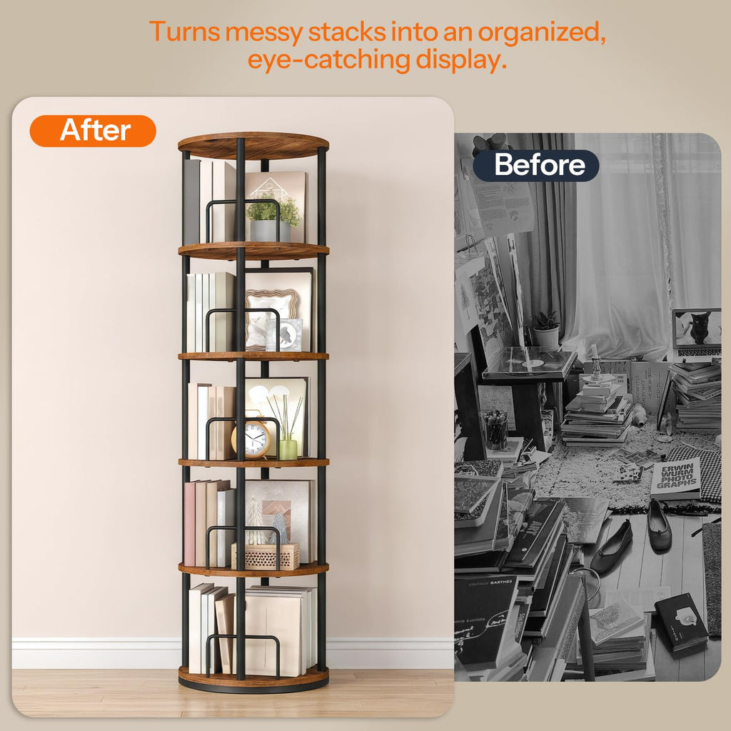 5-Tier Rotating Bookshelf, 360° Spinning Bookcase, Rustic Brown H605977
