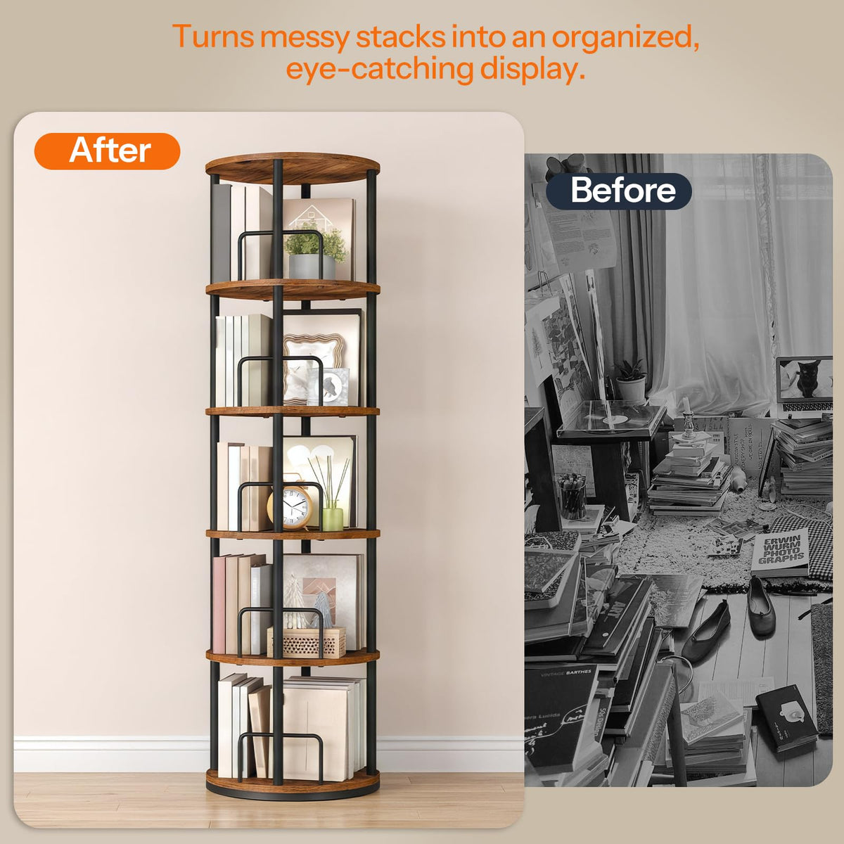 5-Tier Rotating Bookshelf, 360° Spinning Bookcase, Rustic Brown H605977