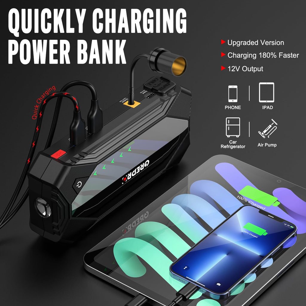 3000A 12V Jump Starter with Jumper Cables and LED Light P1184