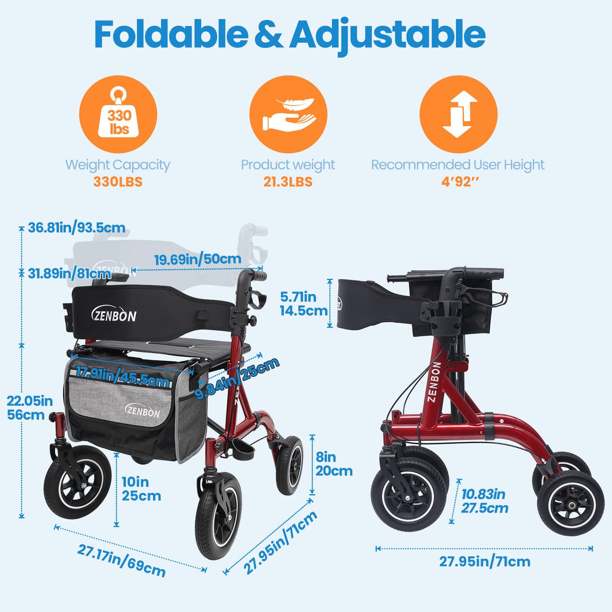 Foldable Rolling Walker with Seat 330 lbs Capacity 10 inch Wheels K4938