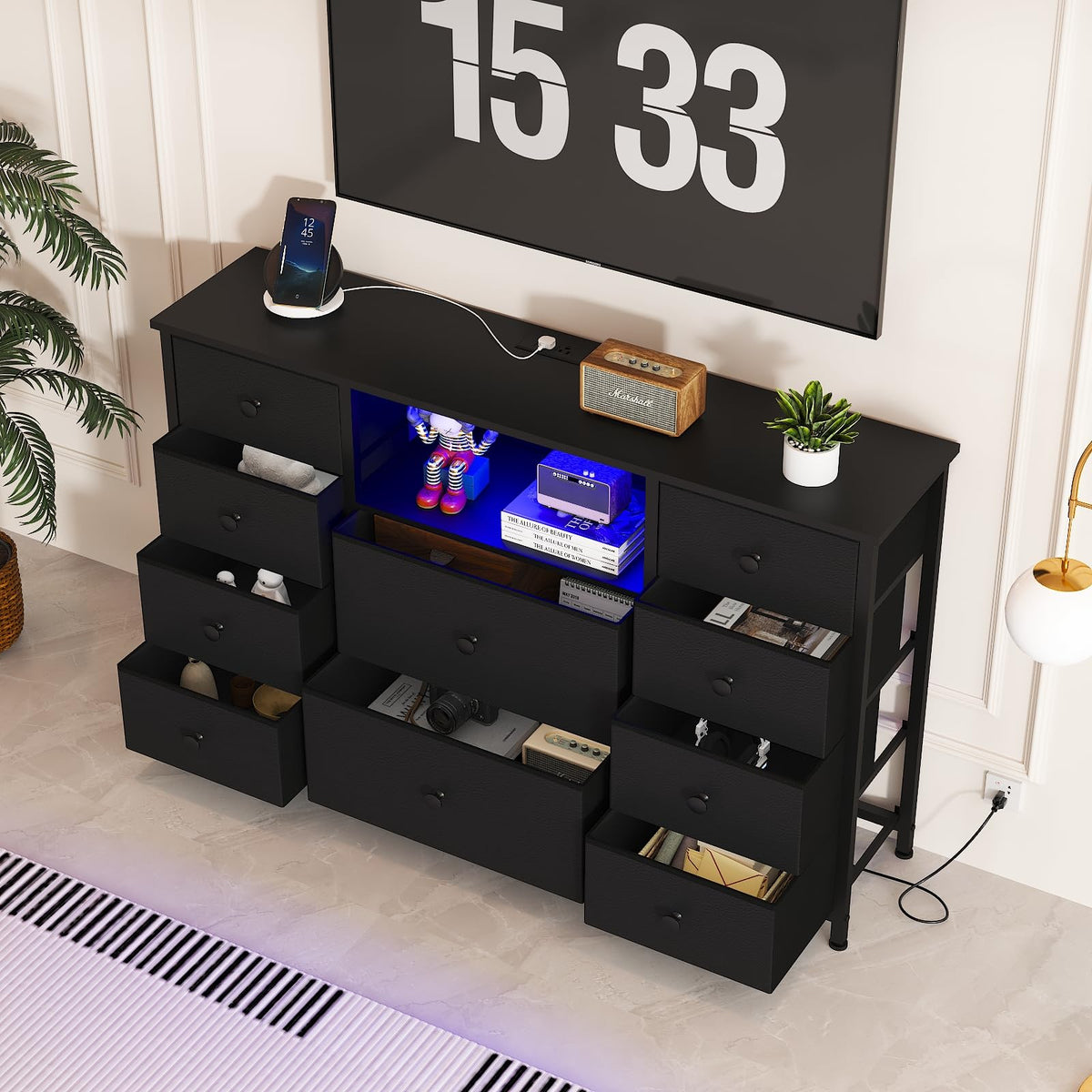 Black Dresser with Charging Station and LED Lights L100665