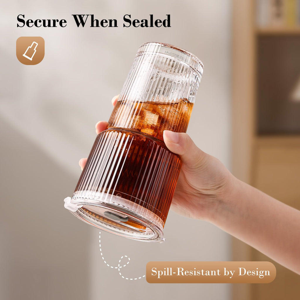 20oz Ribbed Glass Cups with Lids and Straws R5672