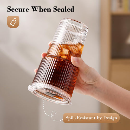 20oz Ribbed Glass Cups with Lids and Straws R5672