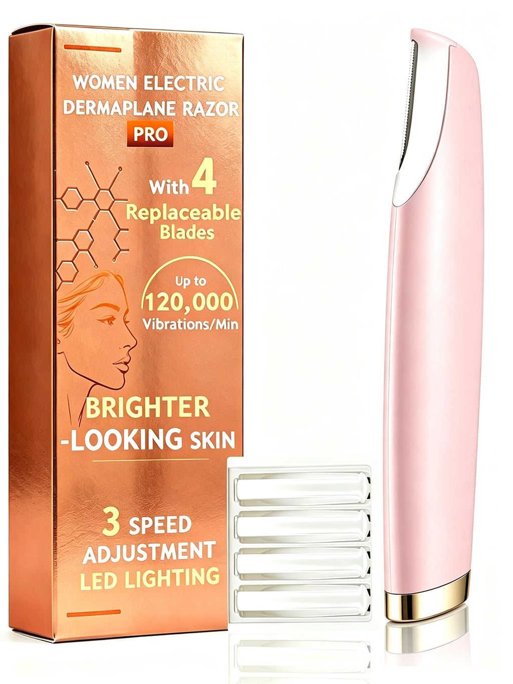 Pink Dermaplane Razor with LED Light and 4 Replacement Blades U157626