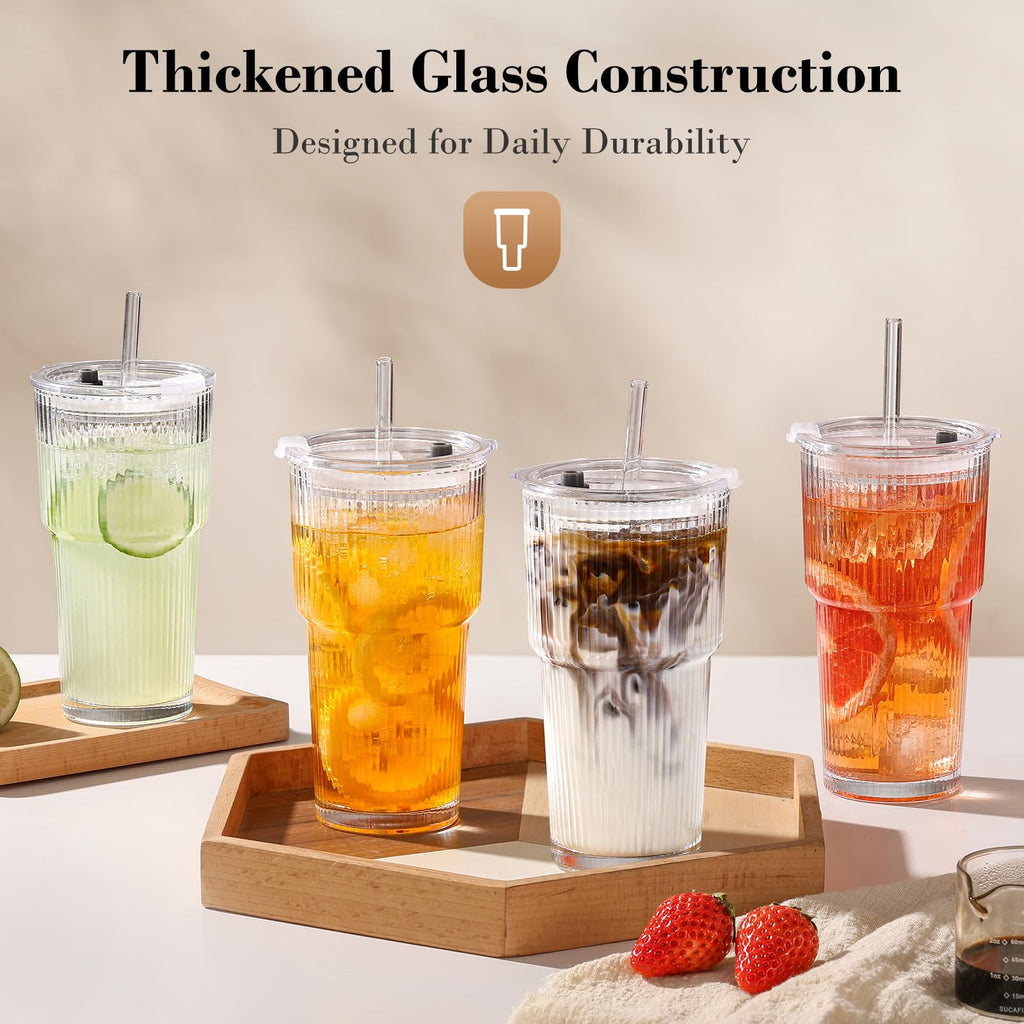 20oz Ribbed Glass Cups with Lids and Straws R5672