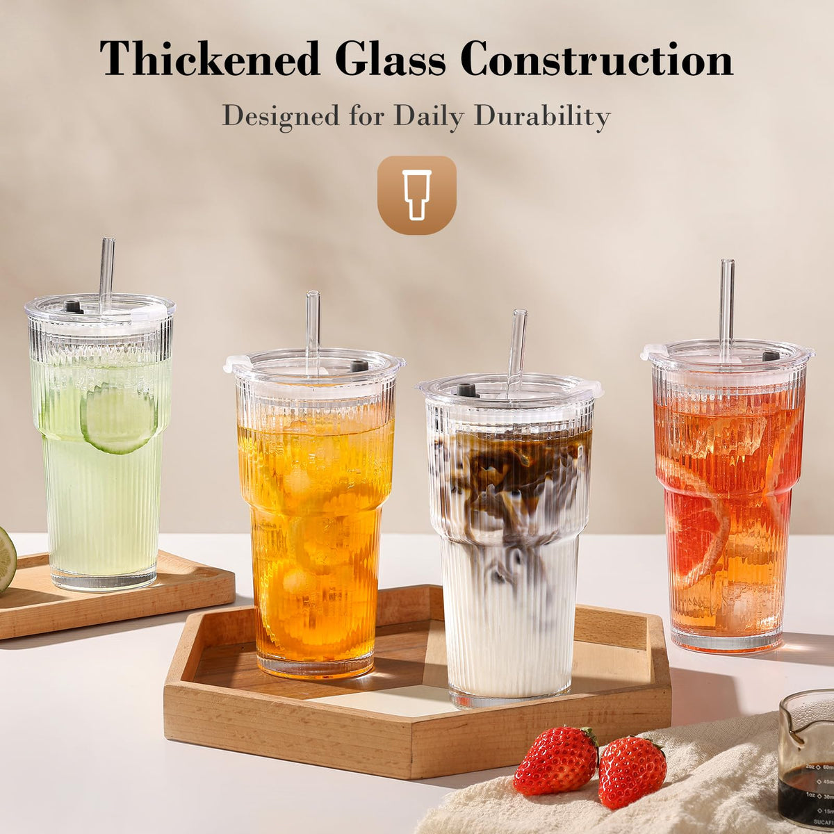 20oz Ribbed Glass Cups with Lids and Straws R5672