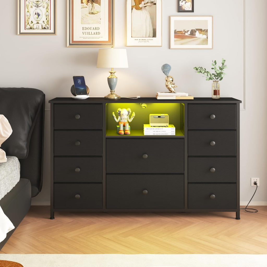Black Dresser with Charging Station and LED Lights L100665