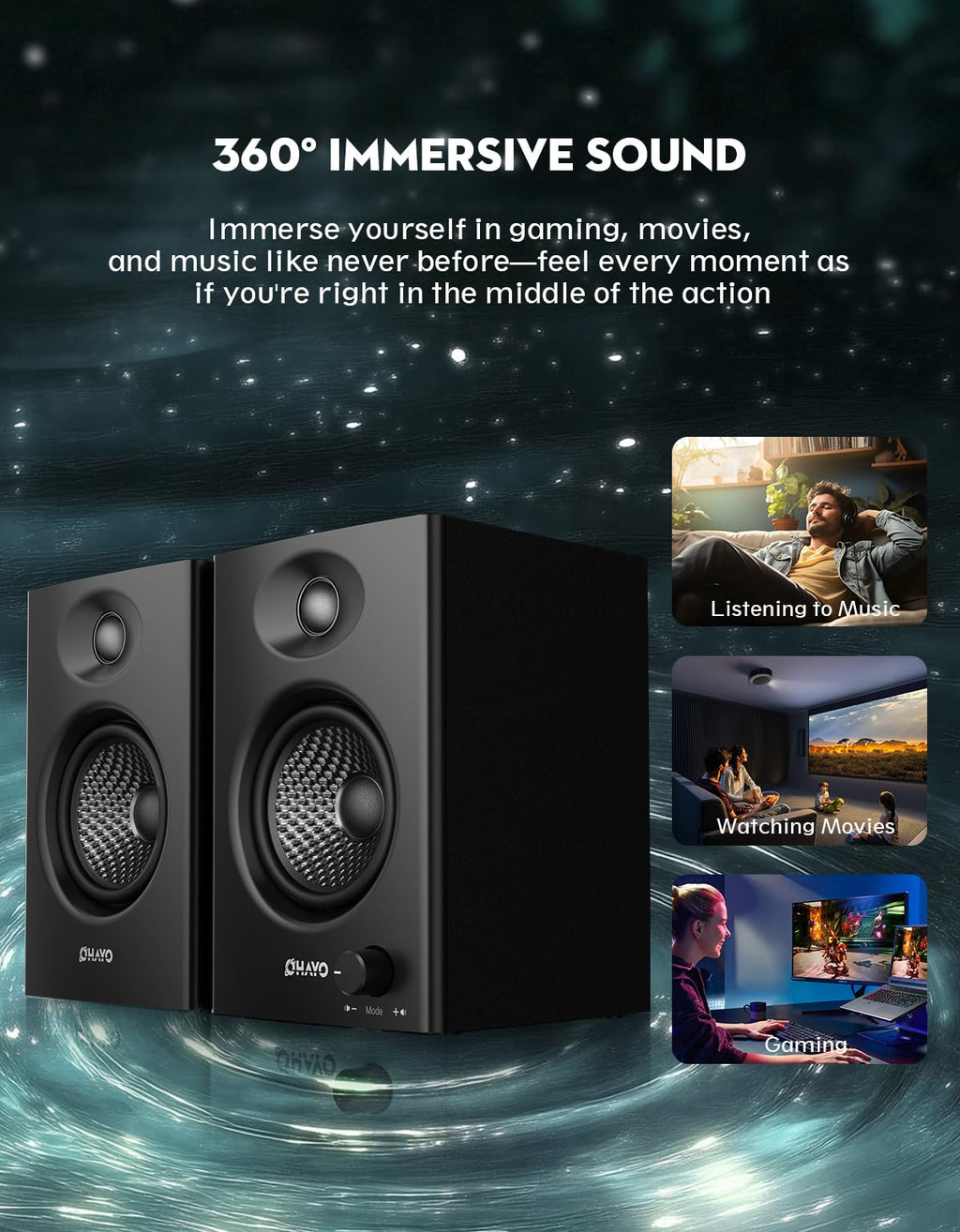 60W Bluetooth 5.3 Stereo 2.0 Computer Speakers 1 Pair Black E449