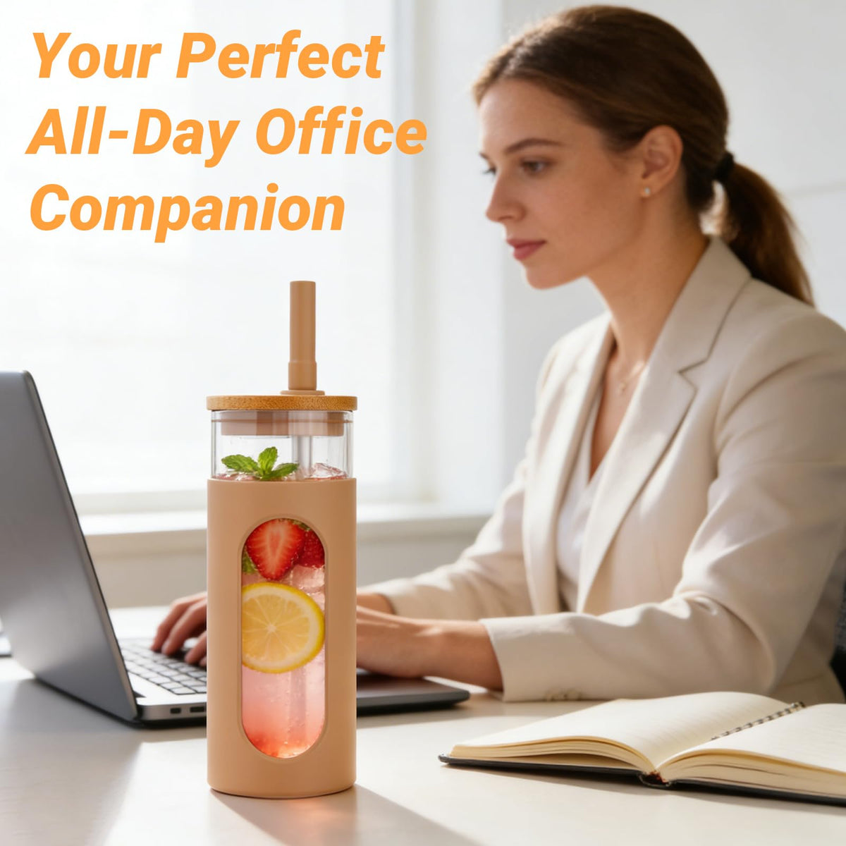 22 oz Glass Tumbler with Lid & Straw W2986