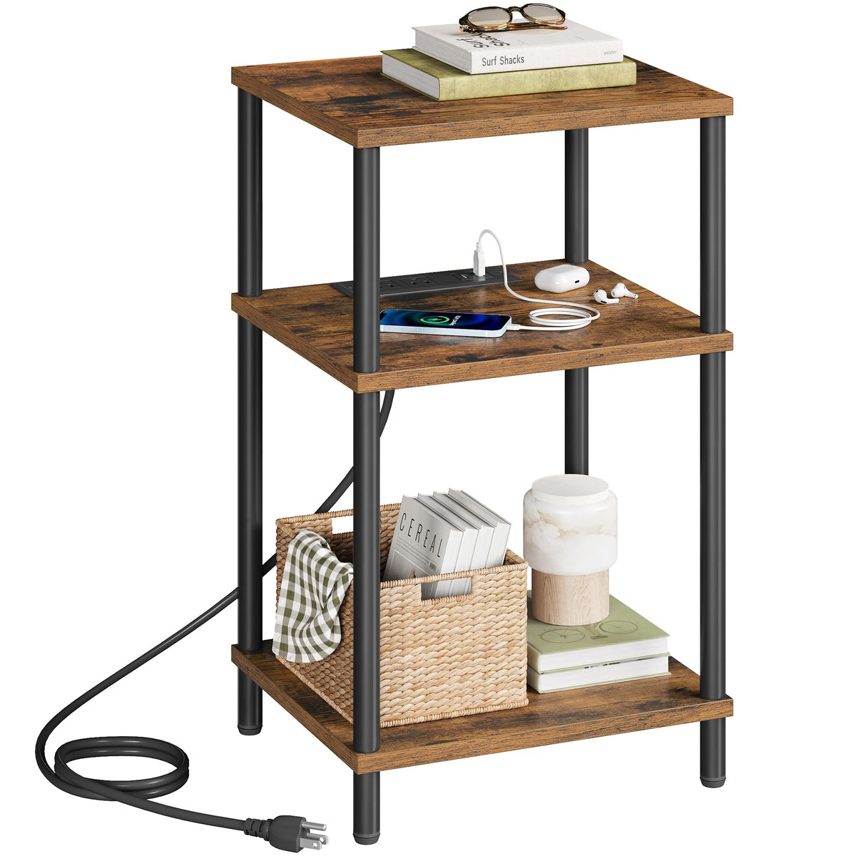 Side Table with Charging Station, 3-Tier End Table Z8414