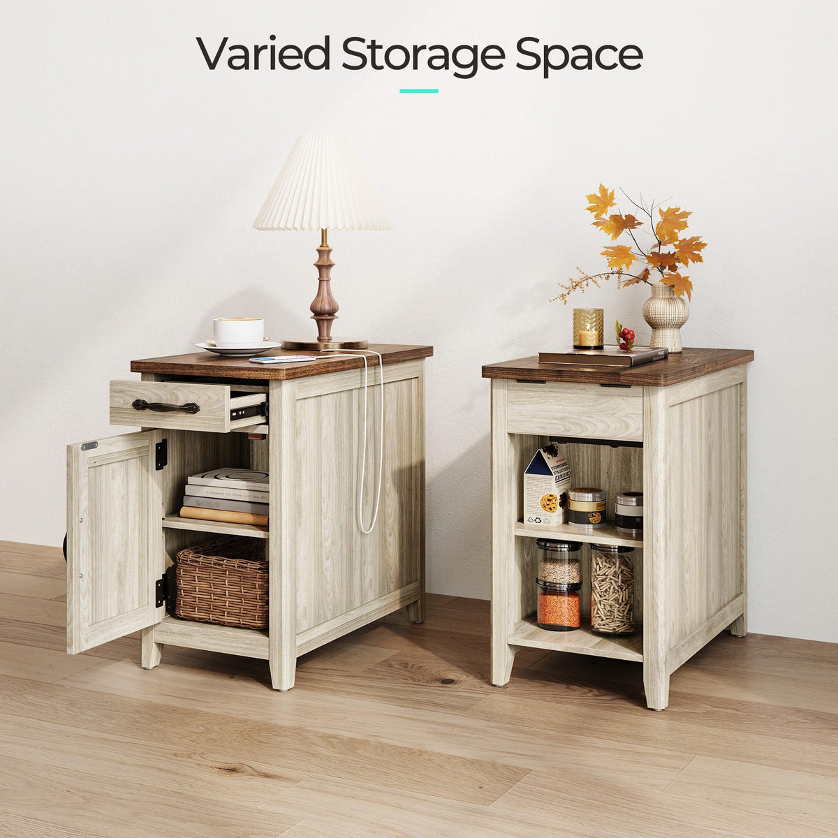 Charging End Table with USB Ports, Wooden Door, Washed Grey H91429