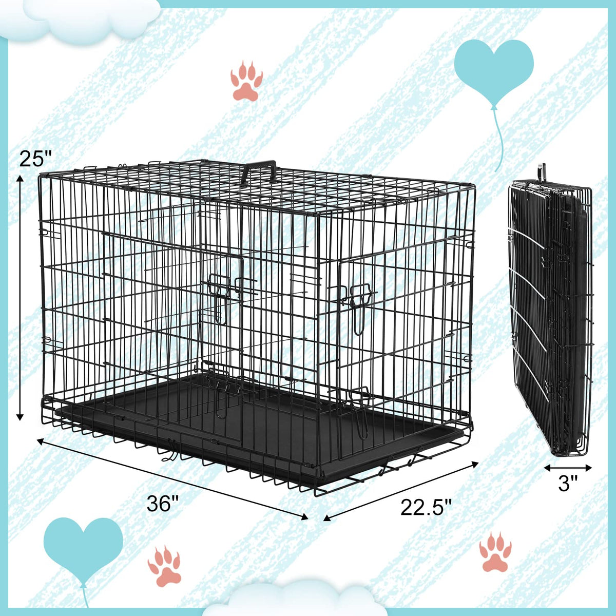 36 Inch Double-Door Metal Dog Crate with Tray and Divider O456423