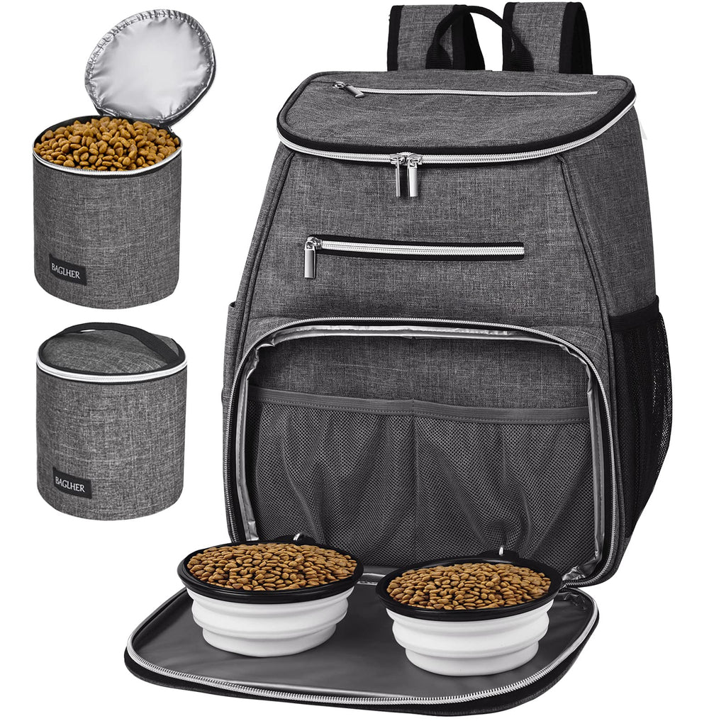 Dog Travel Bag Backpack with 2 Silicone Collapsible Bowls and 2 Food Baskets Grey A33346