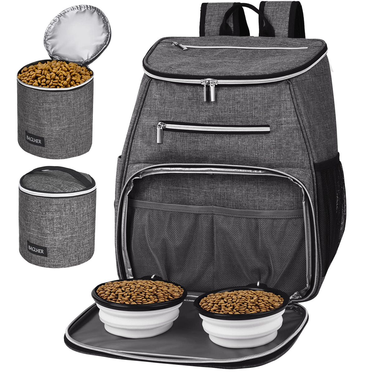 Dog Travel Bag Backpack with 2 Silicone Collapsible Bowls and 2 Food Baskets Grey A33346