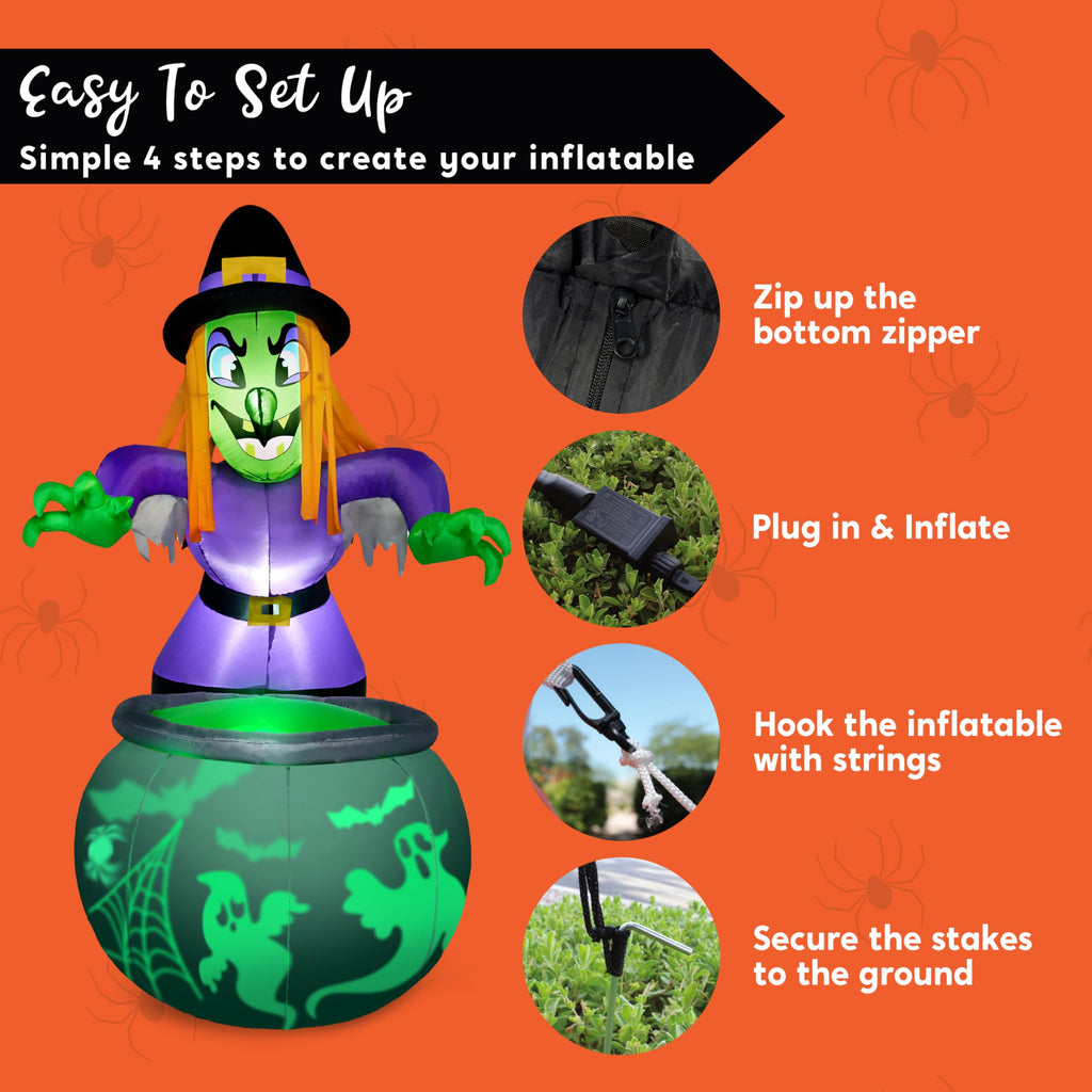6 Ft Halloween Inflatable Witch and Cauldron Decoration with Green Ghost Light X19009