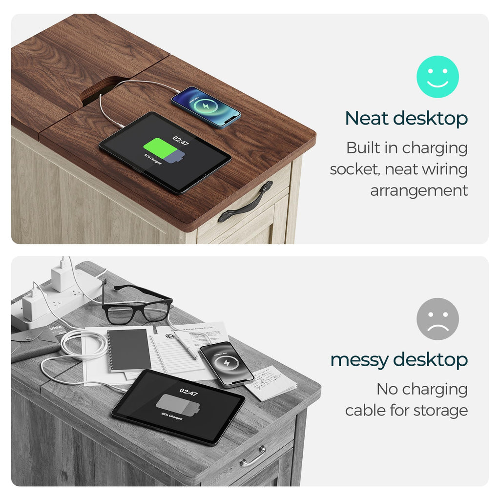 Charging End Table with USB Ports, Wooden Door, Washed Grey H91429