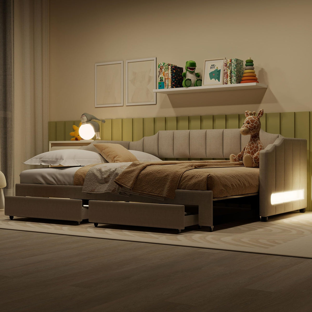 Twin XL to King Size Upholstered Daybed with Trundle and 2 Storage Drawers M223