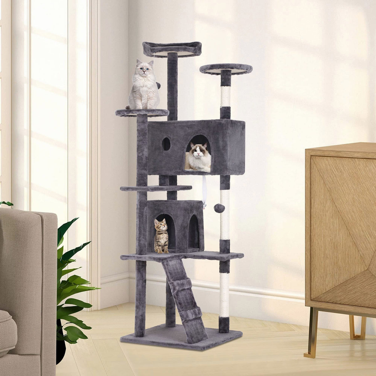 70 Inch Light Gray Cat Tree with 2 Condos, 3 Scratching Posts D91928