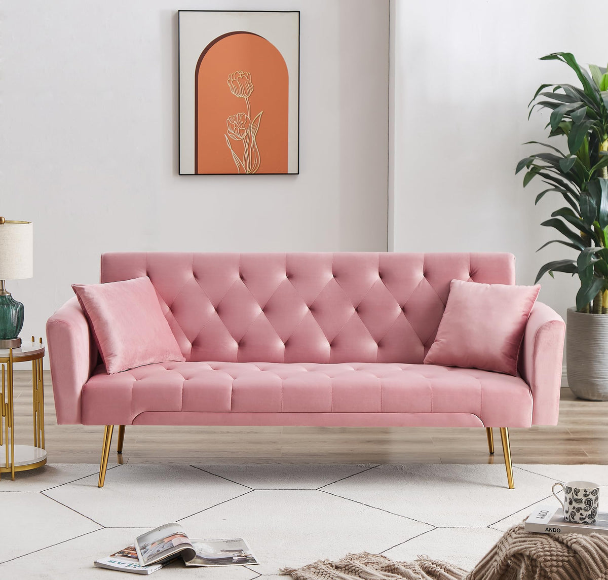 Pink Velvet Convertible Sleeper Sofa Bed X55087