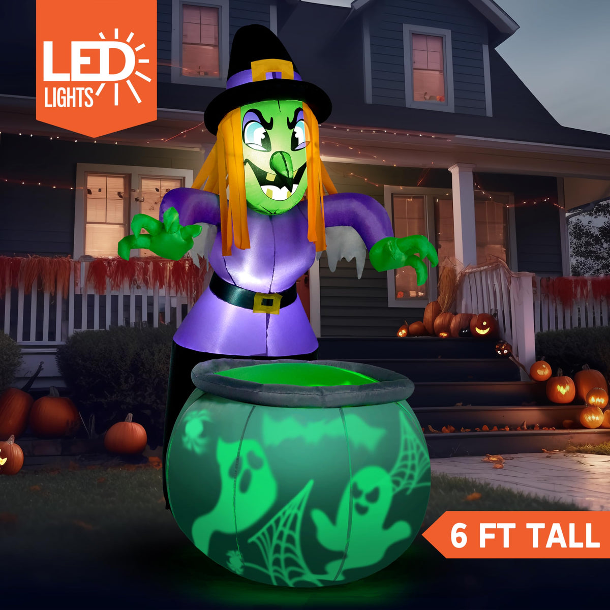 6 Ft Halloween Inflatable Witch and Cauldron Decoration with Green Ghost Light X19009